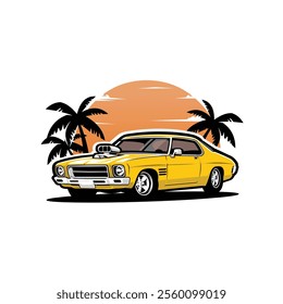 Australian Muscle Car in Beach Vector Art Illustration Isolated. Best for Automotive Tshirt Design