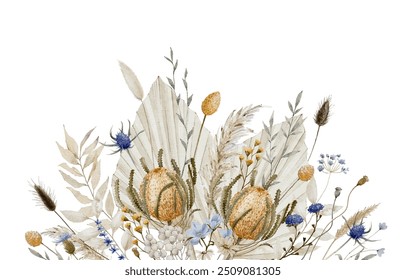 Australian Native Flower Background Banksia with Dried Palm Leaves, Pampas Grass and Other Dried Floral