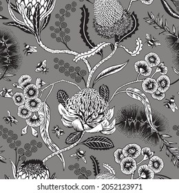 Australian native flowers with busy bee. Seamless pattern. Botanical illustration.