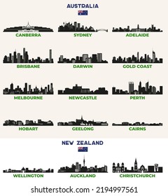 Australian and New Zealand cities skylines silhouettes vector set