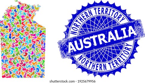 Australian Northern Territory map vector image. Spot mosaic map and distressed stamp seal for Australian Northern Territory. Sharp rosette blue badge with caption and Australian Northern Territory map.