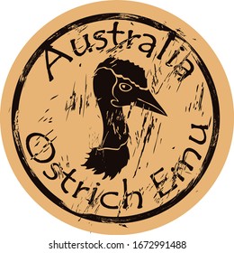 Australian ostrich emu bird silhouette icon round shabby emblem design old retro style. Ostrich Emu head logo mail stamp on craft paper vintage grunge sign. Fauna Australia desert animal.