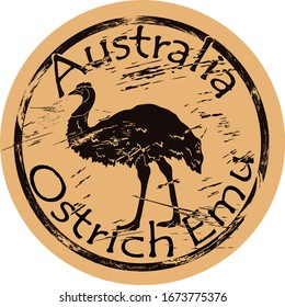 Australian ostrich emu bird silhouette icon round shabby emblem design old retro style. Ostrich Emu in full growth logo mail stamp on craft paper vintage grunge sign. Fauna Australia desert animal.