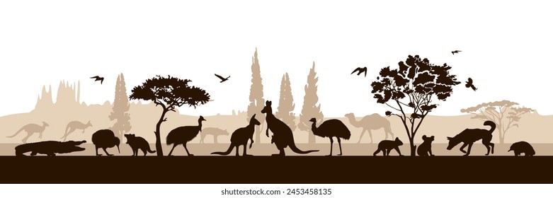 Australian panorama with silhouettes of wild animals. Vector illustration.