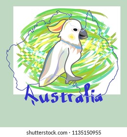Australian parrot on a green background. The word in English is "Australia". Contour of mainland Australia