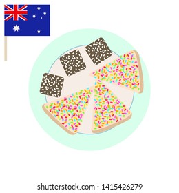 Australian party sweet food. Lamington cake and fairy bread cartoon vector.