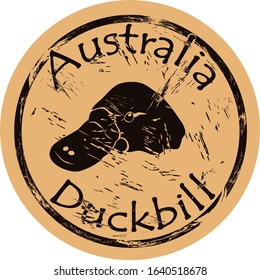 Australian platypus or duckbill silhouette icon round shabby emblem design old retro style. Duckbill head logo mail stamp on craft paper vintage grunge sign. Waterfowl mammal resembling reptile.