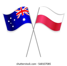 Australian and Polish crossed flags. Australia combined with Poland isolated on white. Language learning, international business or travel concept.