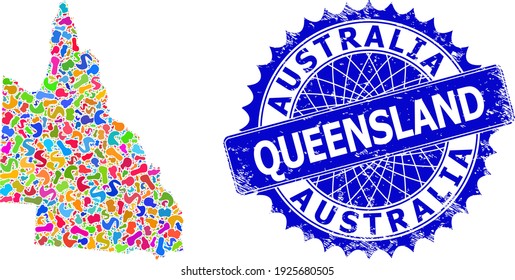 Australian Queensland map abstraction. Blot mosaic map and rubber seal for Australian Queensland. Sharp rosette blue stamp seal with caption and Australian Queensland map.
