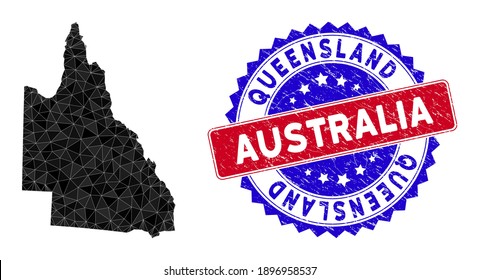 Australian Queensland map polygonal mesh with filled triangles, and distress bicolor stamp print. Triangle mosaic Australian Queensland map with mesh vector model, triangles have randomized sizes,