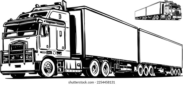 Australian Road Train. Black and White Sketch illustration.