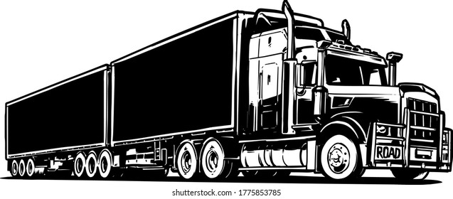 Australian RoadTrain. Black and White Sketch illustration.
