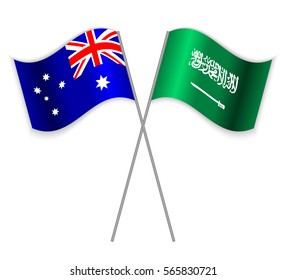 Australian and Saudi Arabian crossed flags. Australia combined with Saudi Arabia isolated on white. Language learning, international business or travel concept.