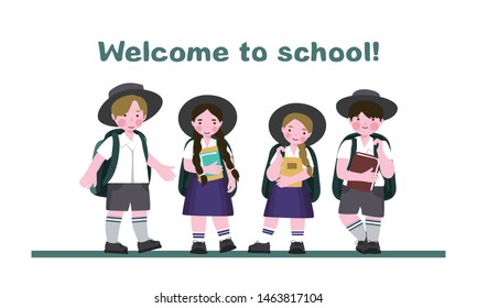 Australian schoolchildren, boys and girls with backpacks, books and notebooks go to school in school uniform.