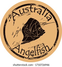 Australian scribbled angelfish silhouette icon round shabby emblem design old retro style. Angelfish head logo mail stamp on craft paper vintage grunge sign. Australian scribbled angelfish fish