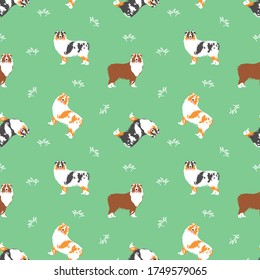 Australian Shepherd oder Aussie nahtloser Musterhintergrund. mit Gras. Cartoon Hund Welpen Hintergrund. Handgezeichnete kindische Vektorgrafik. Gut für Tapeten, Stoffdesign.