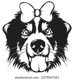 Australian Shepherd Breed, Dog Hair Bow Vector, Black And White Dog On White Background, Animal Head Silhouette