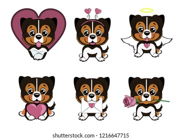 Australian shepherd cartoon. set of different little dogs with hearts. Brown puppies with different emotions. Valentine's Day set