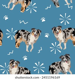 Australian Shepherd dog creative. Square background, repeatable pattern, tile.Seamless pattern with dogs, abstract shapes, paws. Australian Shepherd Color Patterns, several types, on a blue background