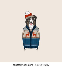 Australian Shepherd dog dressed up  in jacquard pullover, anthropomorphic animal illustration