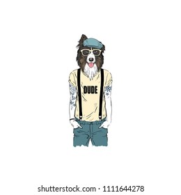 Australian Shepherd Dog Hipster, Anthropomorphic Animal Illustration