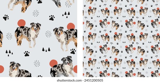 Australian Shepherd dog pattern. Square background with pets, repeatable wallpaper, tiles in two scales. Seamless pattern with aussie. Traditional color smiling shepherd dogs, holiday gift. Hand-drawn