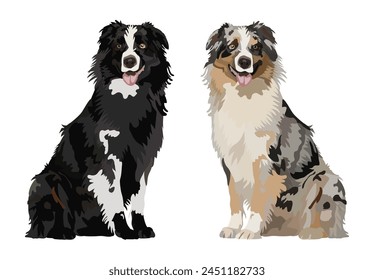 Australian Shepherd dog in a sitting pose. Cute profile logo design, popular colors, breed pet character postcard art. Funny dog mascot. Detailed illustration. Tan point blue merle, black and white.