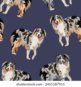 Australian Shepherd dog wallpaper. Pets square background, repeatable pattern, print tiles.Seamless pattern with dogs. Traditional color smiling shepherd dogs, navy background. Holiday set. Children.