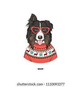 Australian Shepherd portrait wearing deer sweater, dog illustration