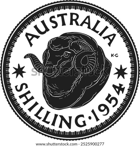 Australian silver shilling with ram head 1954 vector design handmade silhouette.	
