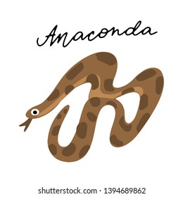 Australian snake Anaconda vector illustration clipart. Kids design poster. 
Wild mammal drawing in scandinavian style. Handwritten lettering. Exotic wildlife. 