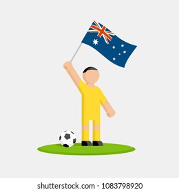 Australian soccer player in kit with flag and ball