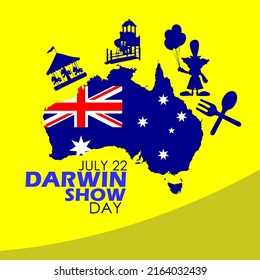 Australian state celebration banner design with Australian map and flag and entertainment icons with bold text on yellow background, Darwin Show Day July 22