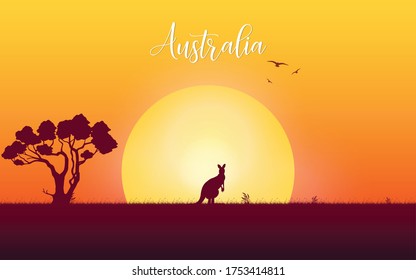 Australian sunset landscape poster. HD wallpaper EPS 10 Vector Illustration. Every element is located on a separate layer. Images is cropped with Clipping Mask. Easy to edit