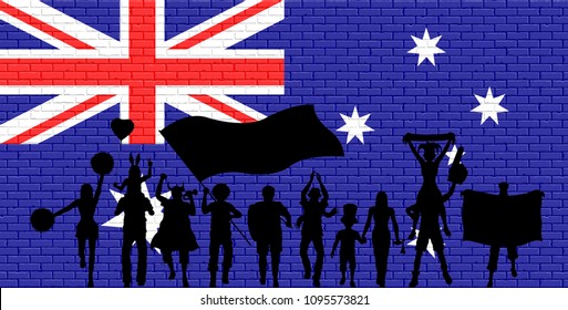 Australian supporter silhouette in front of brick wall with Australia flag. All the objects, silhouettes and the brick wall are in different layers. 