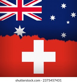 Australian and Swiss flags depicted with a price line chart. Fluctuation graph with a sideways trend. Burlap textured. Banking and trade relations concept.