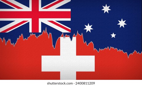 Australian and Swiss flags depicted with a price line chart. Fluctuation graph with a sideways trend. Burlap textured.
