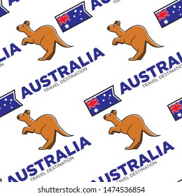 Símbolo australiano Kangaroo y bandera nacional sin costuras vector de patrón salvaje y mamífero marsupial herálgico con bolsillo en el vientre interminable, viaje de textura a Australia papel tapiz de turismo impresión