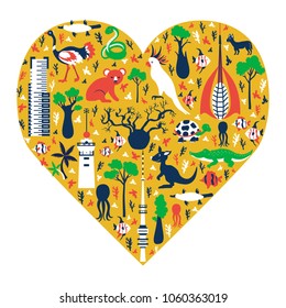 Australian symbols in heart shape, vector cartoon Australia landmark Telstra Tower, Perth bell tower, Old Windmill Brisbane, Eureka skyscraper, australian wild animals, travel background for design
