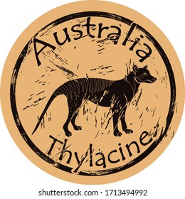 Australian thylacine silhouette icon round shabby emblem design old retro style. Marsupial wolf extinct species logo mail stamp on craft paper vintage grunge sign. Tasmanian wolf. Exterminated