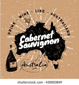 Australian traditional wine with graphic elements on the map of Australia. Paper background