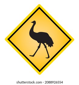 Señal de tráfico australiana con emu. Signo de camino de vida salvaje amarillo con silueta animal. Marca de advertencia para la autopista. Atención, advertencia en la ruta para que se tenga cuidado al cruzar avestruz. Animales de roaming.Ilustración del vector