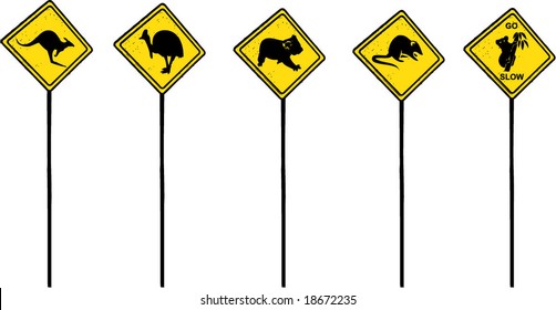 Australian traffic signs in with different wildlife on it (cartoon style) - Vector file