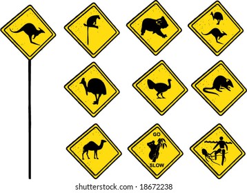 Australian traffic signs in with different wildlife on it (cartoon style) - Vector file