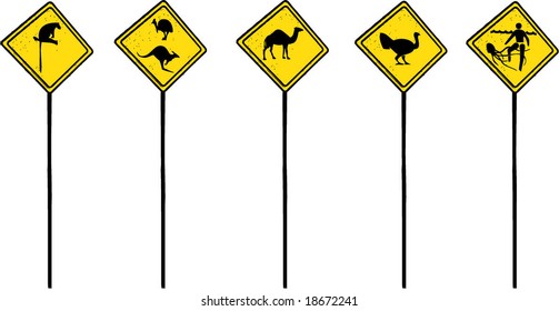 Australian traffic signs in with different wildlife on it (cartoon style) - Vector file