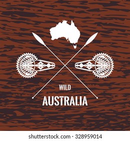 Australian travel design elements in vintage style on wooden background texture. Perfect for logotypes, badges, labels and shirts. Wild Australia symbol. Retro vector illustration.