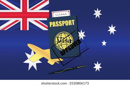 Concepto de documentación de viaje australiano con pasaporte azul y bandera de Australia. Sello aprobado. Billetes de avión y de viaje. Ideal para el turismo de inmigración y temas de viaje. Vector EPS disponible