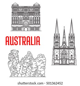 Australian travel landmarks of architecture and nature thin line icon with Cathedral of Saint Patrick in Victoria, rock formation Three Sisters in New South Wales, Queen Victoria Building in Sydney