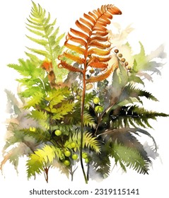 Australian Tree Fern Watercolor illustration. Hand drawn underwater element design. Artistic vector marine design element. Illustration for greeting cards, printing and other design projects.