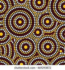 Australian tribes dot pattern vector seamless. Aboriginal art print with concentric sunny circles. Tribal ornament for fabric, surface design, wrapping paper or template.